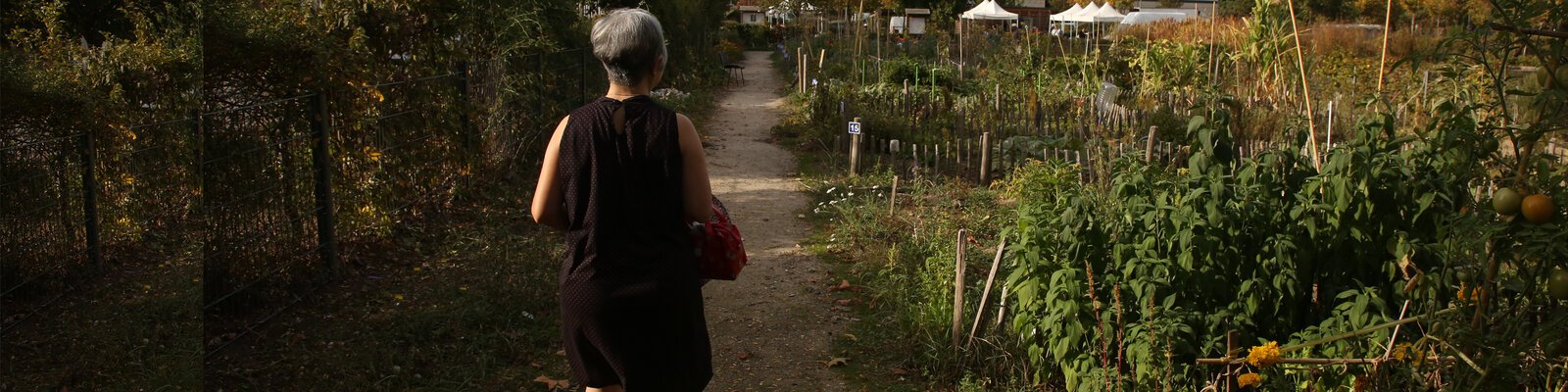 femme de dos dans un potager urbain à Sevran