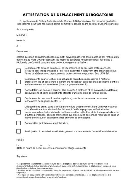 Attestation de deplacement derogatoire