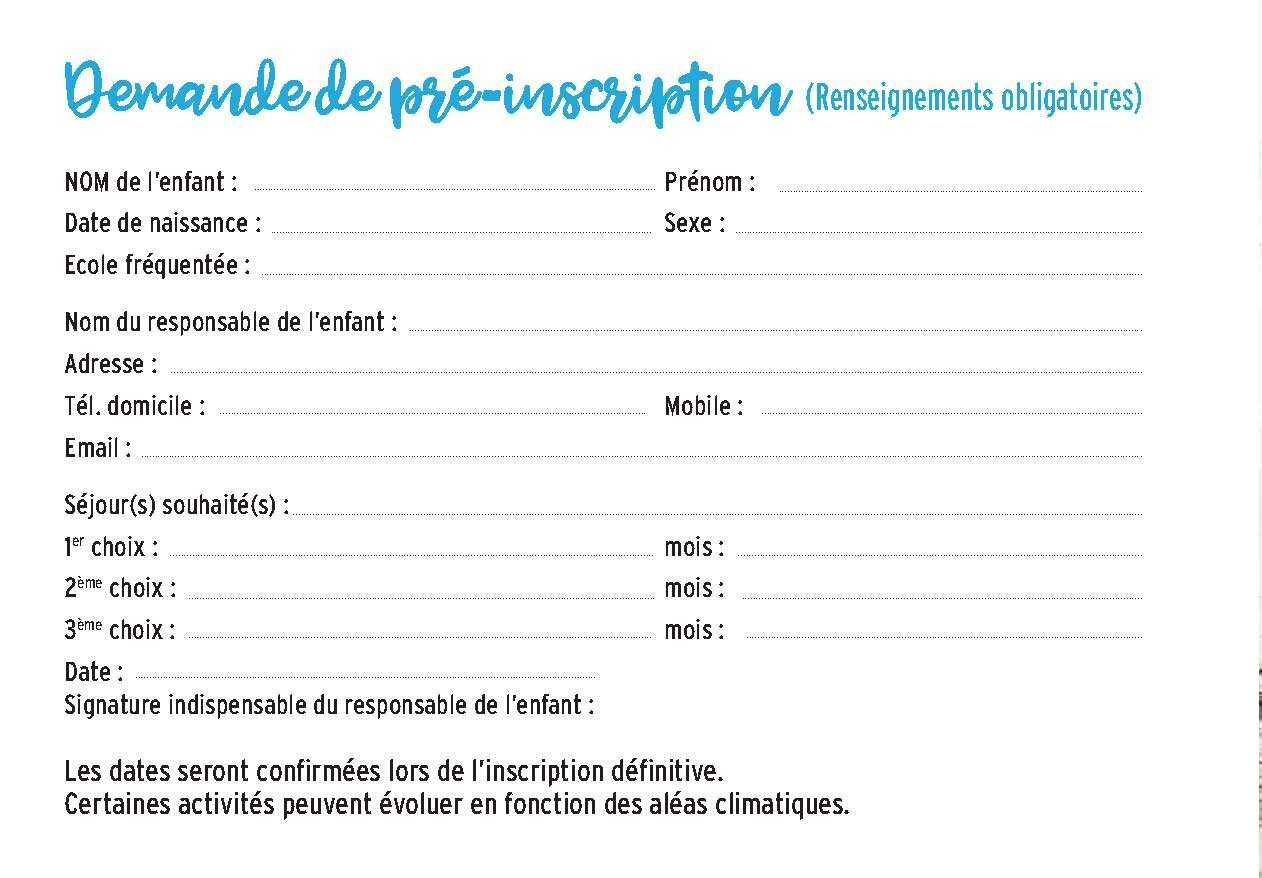 Fiche de pré inscription pour les centres de vacances 2020